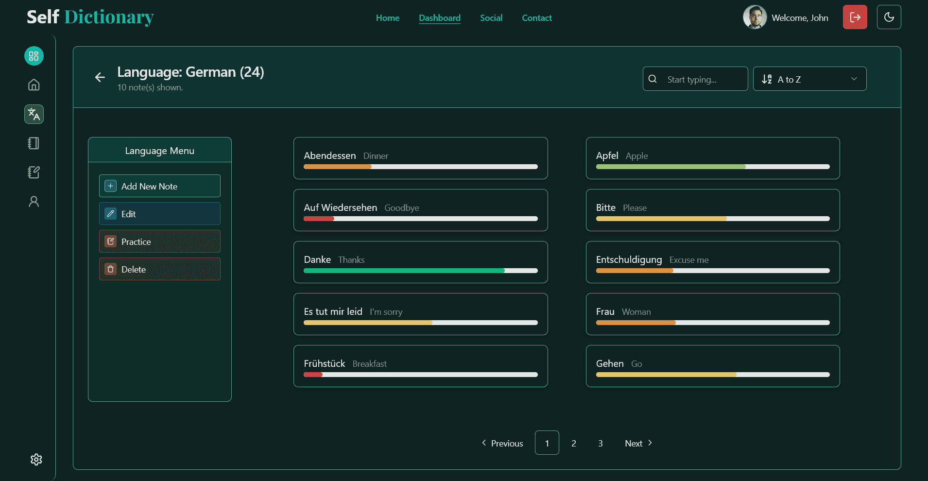 self dictionary language page